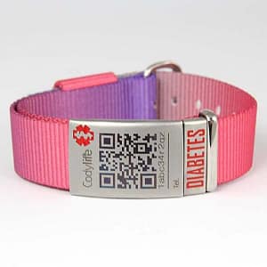 Pulsera identificacion diabetes Codylife Aloha nylon multicolor con placa QR acero inoxidable