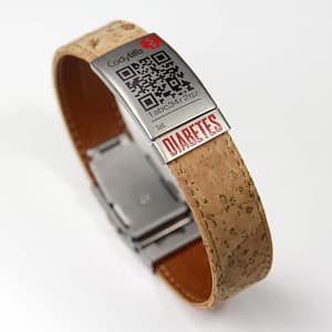 Pulsera identificacion diabetes Codylife Nature corcho natural con mini placa DIABETES y codigo QR