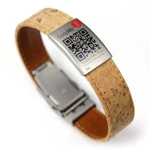 Pulsera identificacion Codylife Nature banda corcho natural y placa acero inoxidable con QR