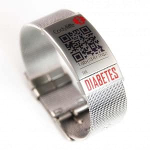 Pulsera identificacion diabetes Codylife Milanese malla acero con mini placa DIABETES y codigo QR
